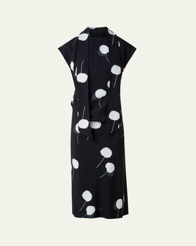 Windflower-Print Cap-Sleeve Crepe Midi Dress With Detachable Bow